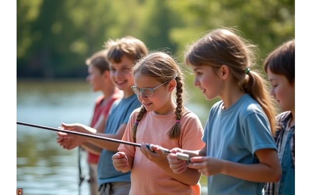 A group of children learning to cast fishing lines with an instructor, symbolizing youth education.