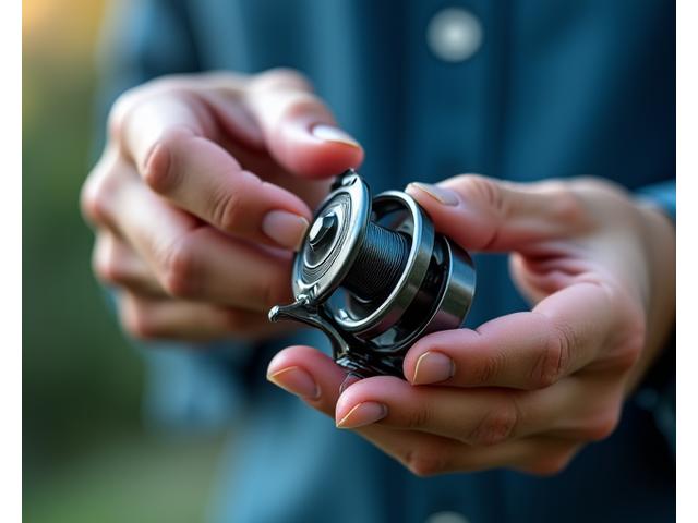 Close-up of a hand inspecting a fishing reel meticulously, symbolizing quality control.