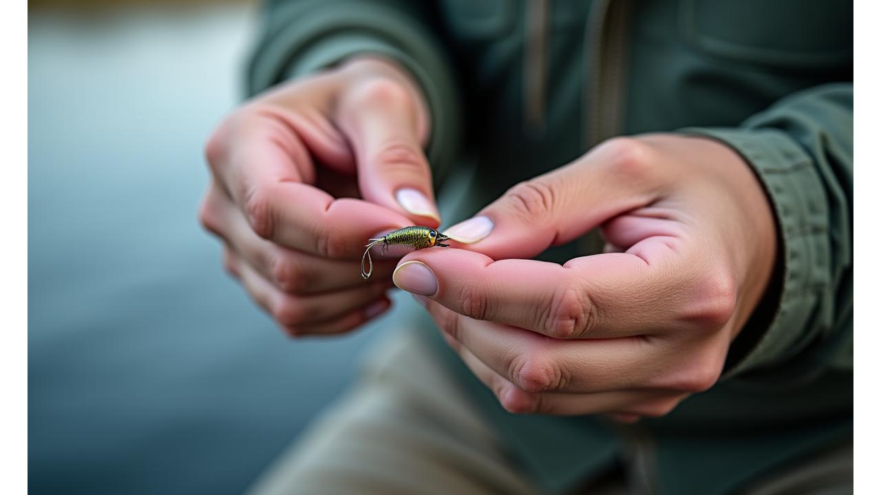 Professional angler carefully examining fishing hook sharpness and barb