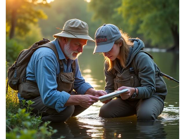 Experienced fishing guide offering advice to an enthusiastic angler by a clear river