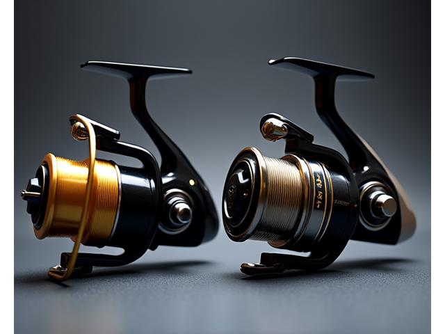 High-performance spinning reels and baitcasting reels on display.