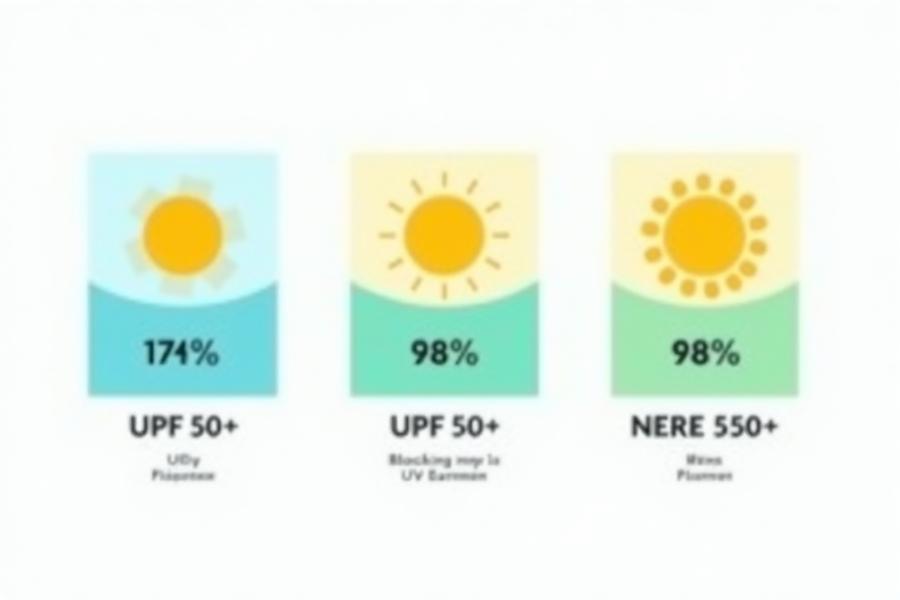 Infographic explaining UPF ratings: UPF 30 blocks 97% of UV, UPF 50+ blocks 98%+ of UV.